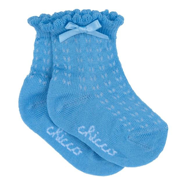 Calzini traforati azzurri Chicco per bambina in cotone mercerizzato sostenibile, con disegno jacquard, smerli e fiocchetto di raso. | Chicco
