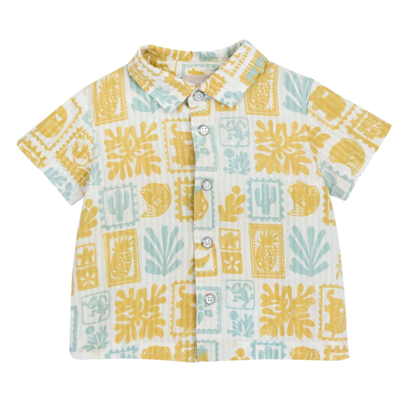 Camicia a manica corta in garza di cotone Seersucker bianca per bambino Chicco con stampa fantasia effetto piastrella e colletto classico. | Chicco