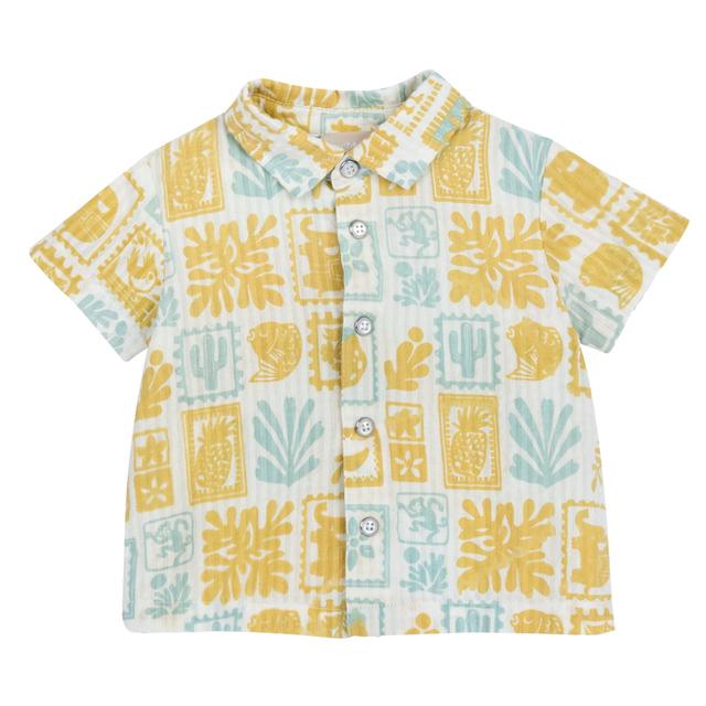 Camicia a manica corta in garza di cotone Seersucker bianca per bambino Chicco con stampa fantasia effetto piastrella e colletto classico. | Chicco