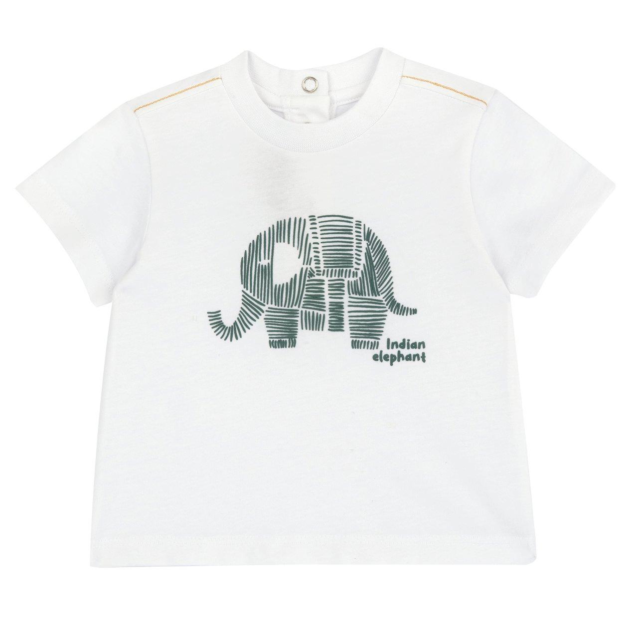 Maglietta bianca a manica corta in cotone per bambino Chicco con stampa elefante in rilievo, ideale per primavera/estate. | Chicco