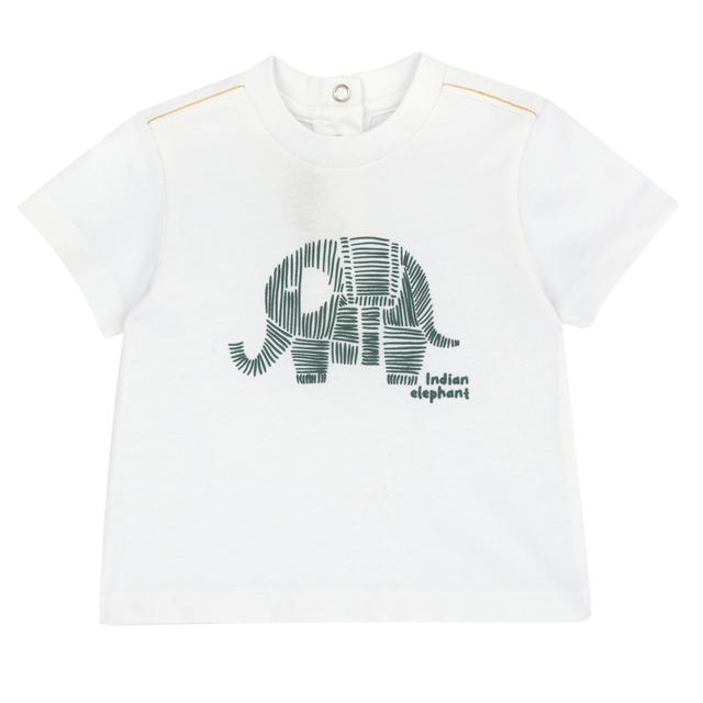 Maglietta bianca a manica corta in cotone per bambino Chicco con stampa elefante in rilievo, ideale per primavera/estate. | Chicco