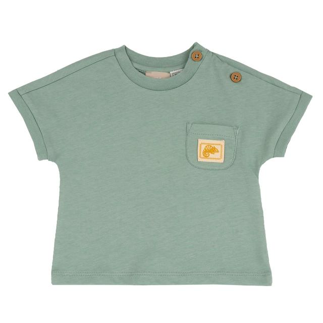 Maglietta a manica corta verde per bambino Chicco in 100% cotone sostenibile, con collo elasticizzato, maniche a kimono e taschino frontale. | Chicco