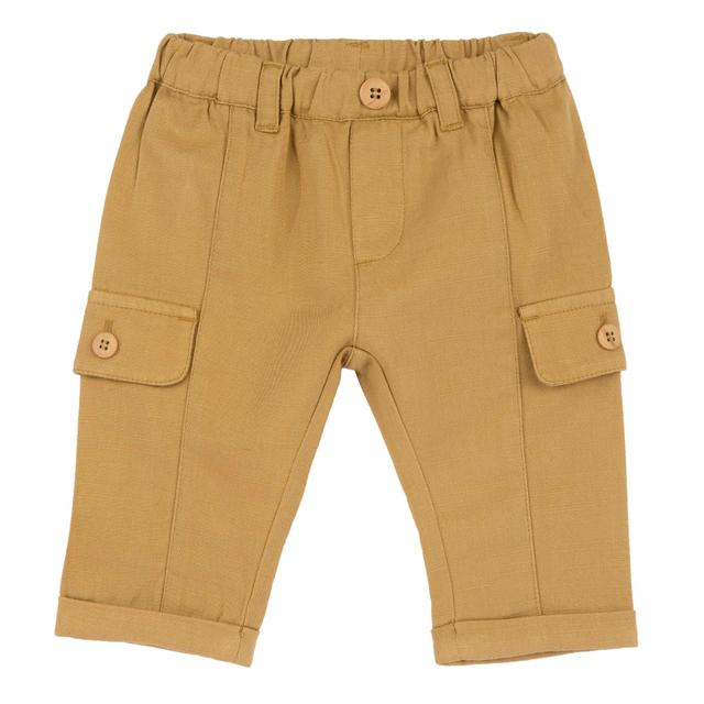 Pantaloni lunghi gialli in cotone leggero effetto fiammato per bambino Chicco con vita elasticizzata e bottoni bicolore ornamentali. | Chicco