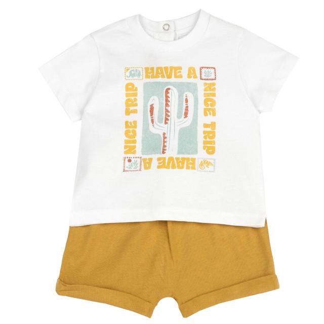 Completo estivo Chicco giallo per bambino in jersey di cotone sostenibile, con maglietta a manica corta e pantaloni corti con elastico in vita e coulisse. | Chicco