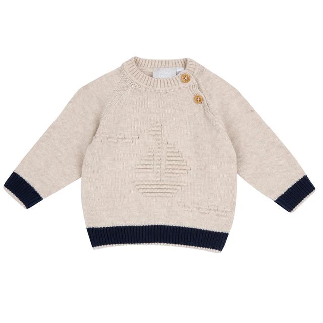 Maglione girocollo beige mélange in cotone Oeko-Tex per neonato Chicco, con dettagli blu e barca a vela jacquard, apertura spalla con bottoni effetto legno. | Chicco