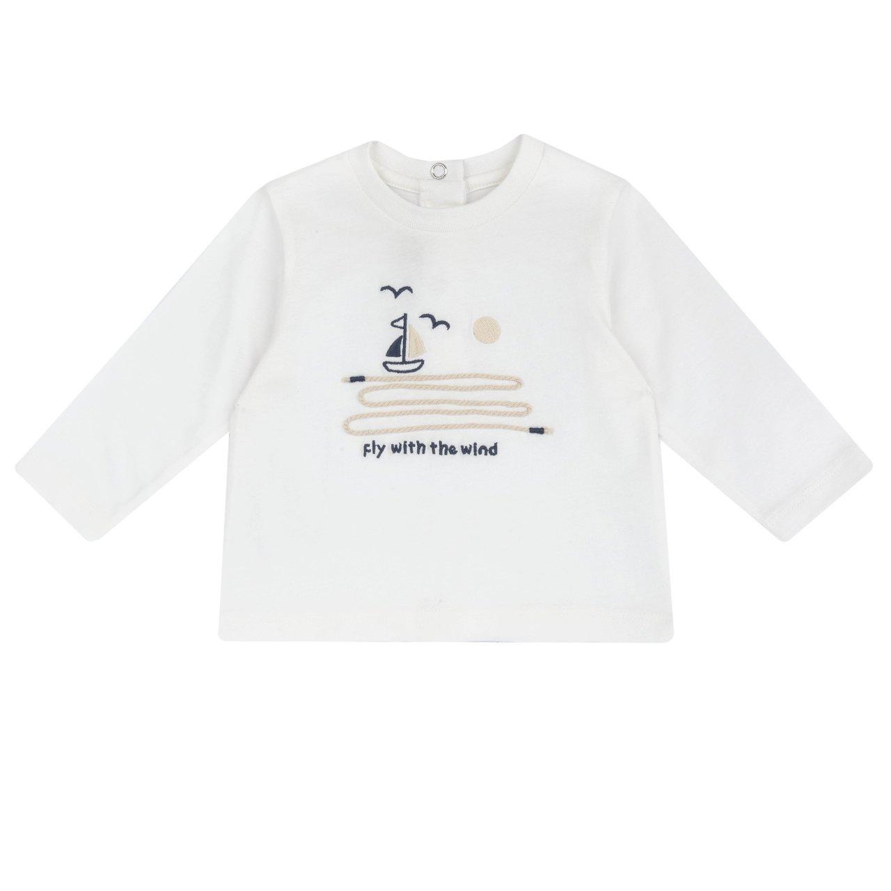 Maglietta a manica lunga Chicco bianca in morbido jersey di cotone sostenibile per bambino, con collo in costina elasticizzata e ricamo decorativo sul davanti. | Chicco