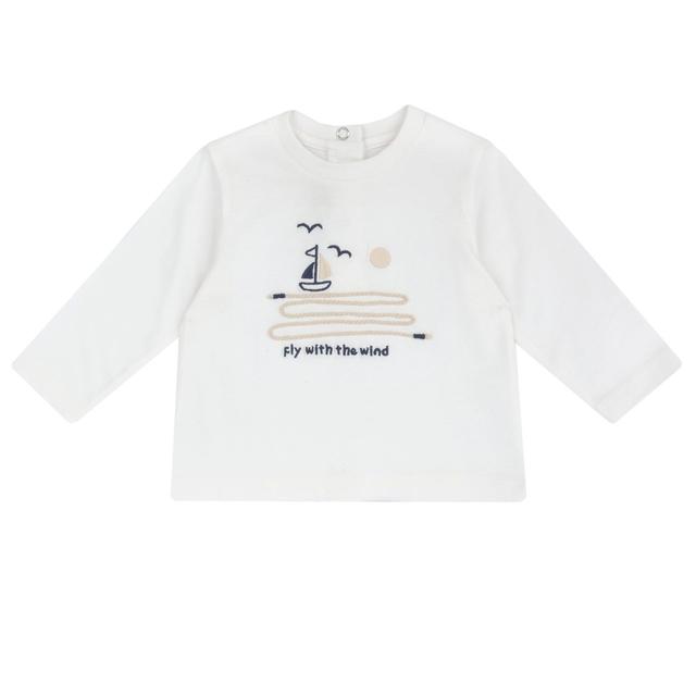 Maglietta a manica lunga Chicco bianca in morbido jersey di cotone sostenibile per bambino, con collo in costina elasticizzata e ricamo decorativo sul davanti. | Chicco