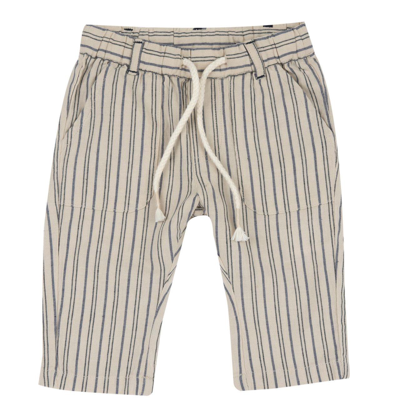 Pantaloni lunghi rigati bianchi e blu per bambino Chicco in cotone sostenibile con vita elasticizzata e coulisse, perfetti per la primavera/estate. | Chicco
