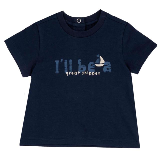 Maglietta manica corta blu in morbido jersey di cotone sostenibile per bambino Chicco con stampa frontale vintage e collo elasticizzato. | Chicco