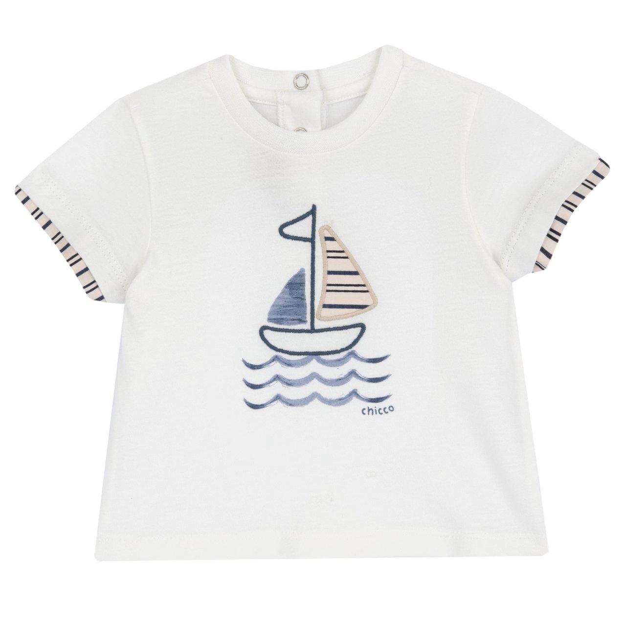 Maglietta a manica corta bianca in cotone sostenibile Chicco per bambino, con stampa acquarello e ricami sul davanti. | Chicco