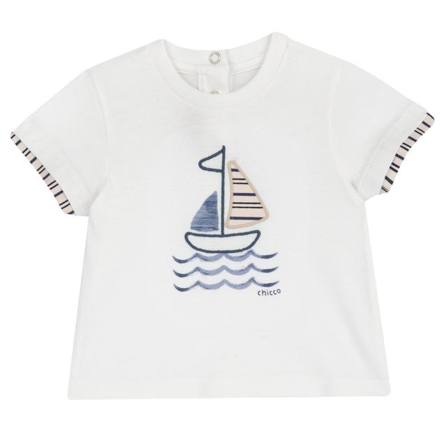 Maglietta a manica corta bianca in cotone sostenibile Chicco per bambino, con stampa acquarello e ricami sul davanti. | Chicco