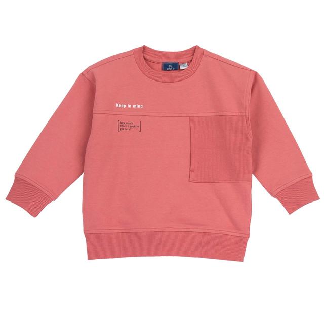 Felpa girocollo unisex Chicco rosa in morbido misto cotone sostenibile con tasca a coste e stampa a rilievo, ideale per primavera/estate. | Chicco