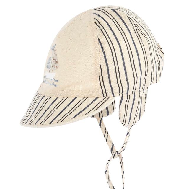 Cappello Chicco per bambino con visiera in cotone effetto lino, bianco, con paraorecchie, cordini e stampa a righe con barchetta, ideale per primavera/estate. | Chicco