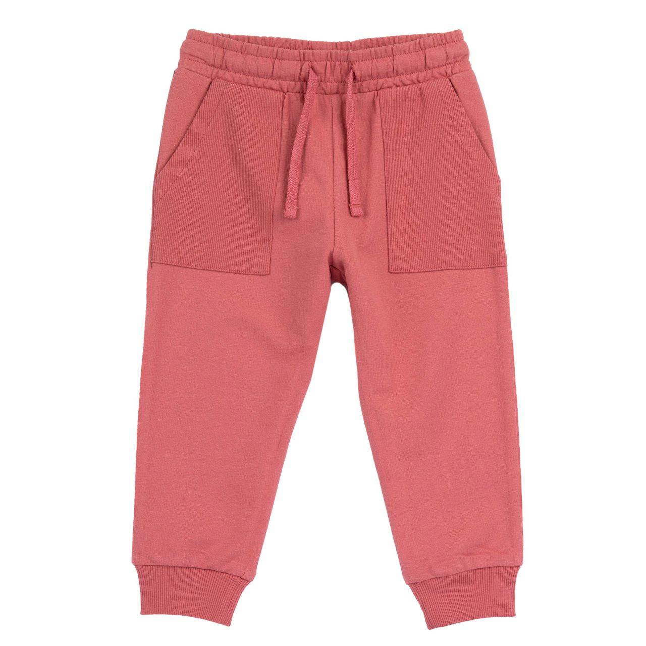 Pantaloni lunghi rosa in felpa di misto cotone biologico Chicco, modello unisex con vestibilità baggy fit, vita elasticizzata e tasche frontali. | Chicco