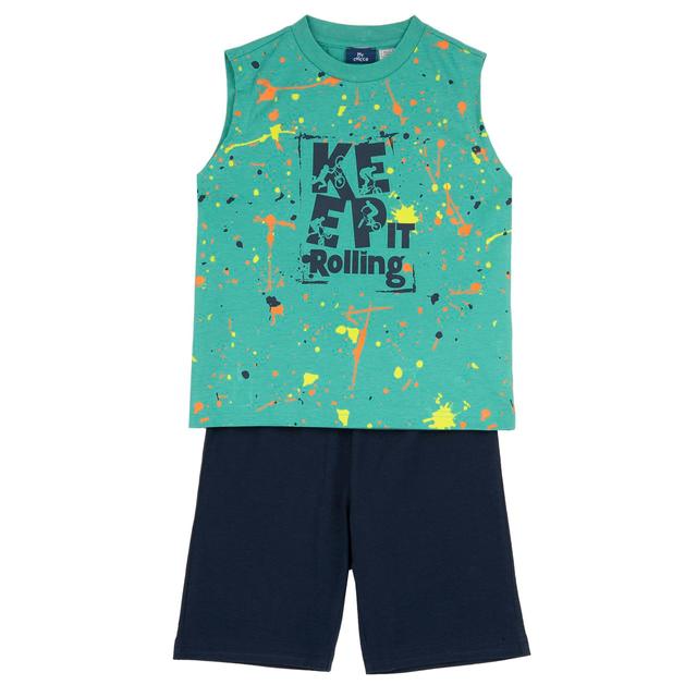 Completo canotta e pantaloni corti Chicco verde in morbido jersey di cotone sostenibile, con grafica effetto "fatto a mano" e vita elasticizzata. | Chicco