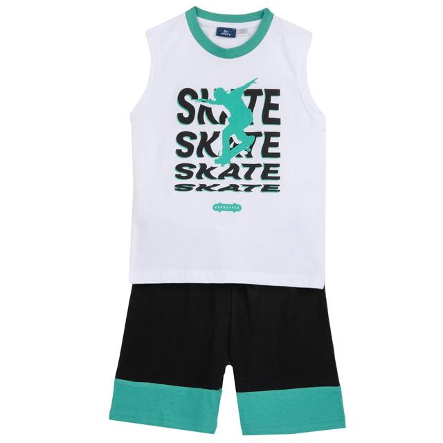Completo estivo Chicco per bambino in morbido cotone sostenibile, composto da canotta con grafica sportiva e pantaloni corti bianchi con inserto a contrasto. | Chicco