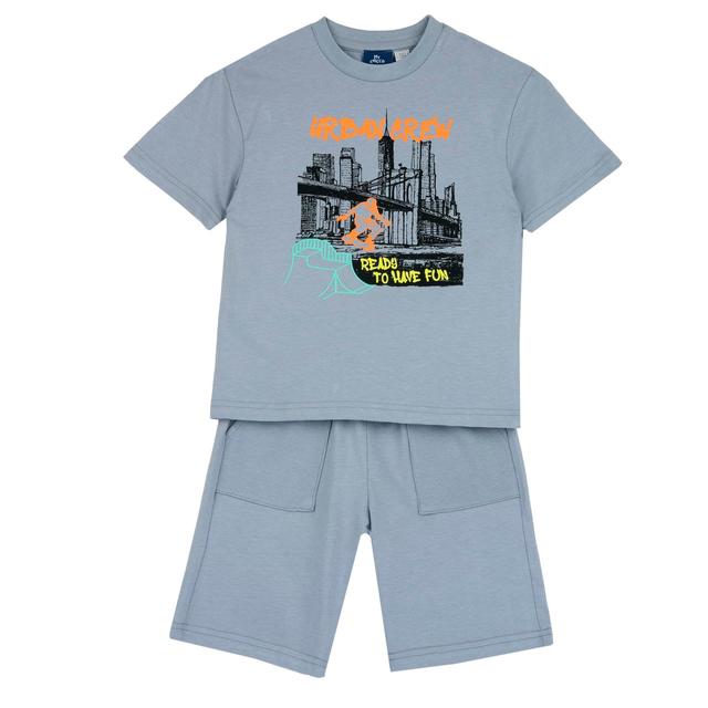 Completo estivo Chicco per bambino in morbido jersey di cotone sostenibile, maglietta con stampa fotografica e pantaloni corti grigi con vita elasticizzata. | Chicco