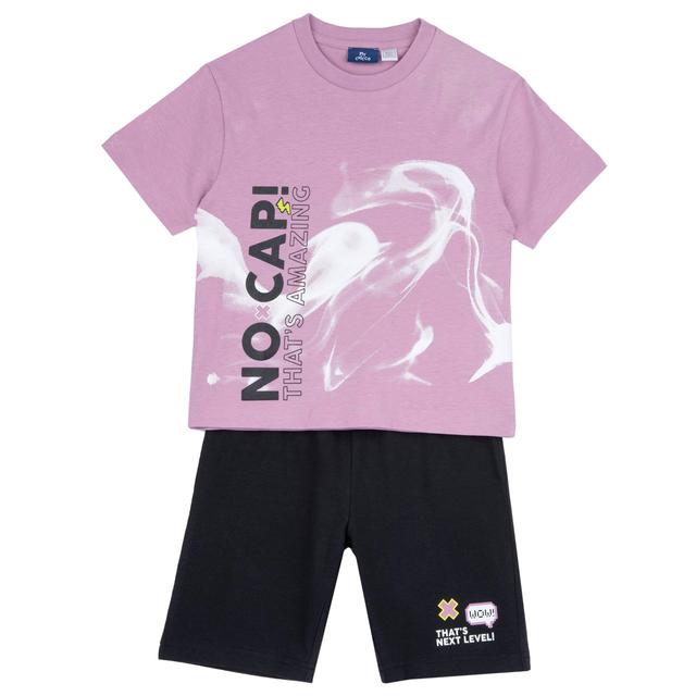 Completo estivo in cotone viola per bambino, maglietta con stampa sfumata e pantaloni corti con tasca posteriore. | Chicco