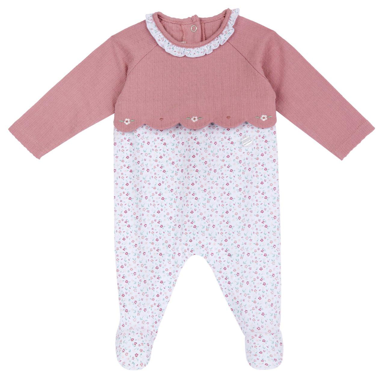 Tutina rosa Chicco per bambina in jersey di cotone operato con stampa floreale vivace, apertura interna gamba con bottoni automatici e stampa antiscivolo sui piedini. | Chicco