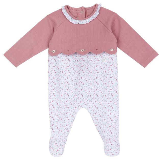 Tutina rosa Chicco per bambina in jersey di cotone operato con stampa floreale vivace, apertura interna gamba con bottoni automatici e stampa antiscivolo sui piedini. | Chicco