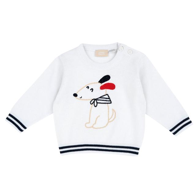 Maglione girocollo bianco in puro cotone per bambino Chicco con ricamo di cagnolino e motivo a righe su fondo e polsi, certificato Oeko-Tex. | Chicco