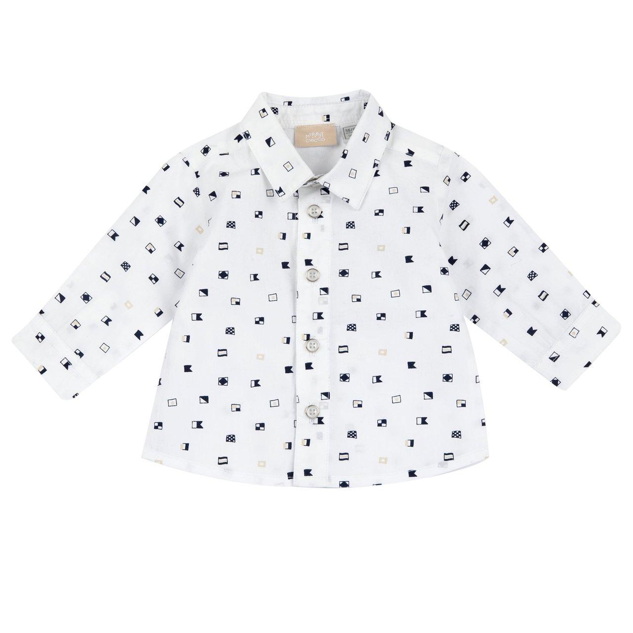 Camicia a manica lunga bianca in popeline di cotone per bambino Chicco con stampa bandierine, ideale per primavera/estate. | Chicco