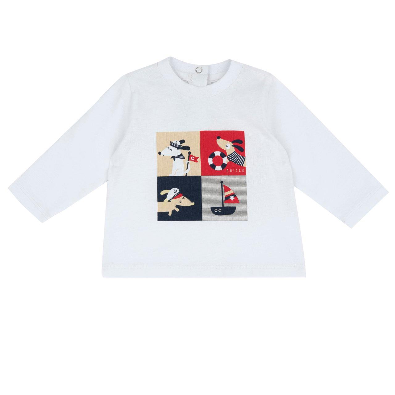 Maglietta a maniche lunghe per bambino Chicco in morbido jersey di cotone sostenibile, con simpatica stampa di cagnolini su sfondo bianco, certificata Oeko-Tex. | Chicco