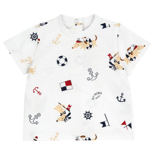 Maglietta a manica corta bianca in cotone sostenibile Chicco per bambino con stampa di cagnolini, parte della collezione primavera/estate. | Chicco