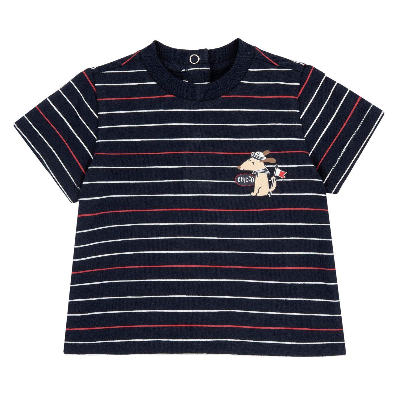 Maglietta a manica corta bianca in cotone sostenibile Chicco per bambino con stampa di cagnolini, parte della collezione primavera/estate. | Chicco