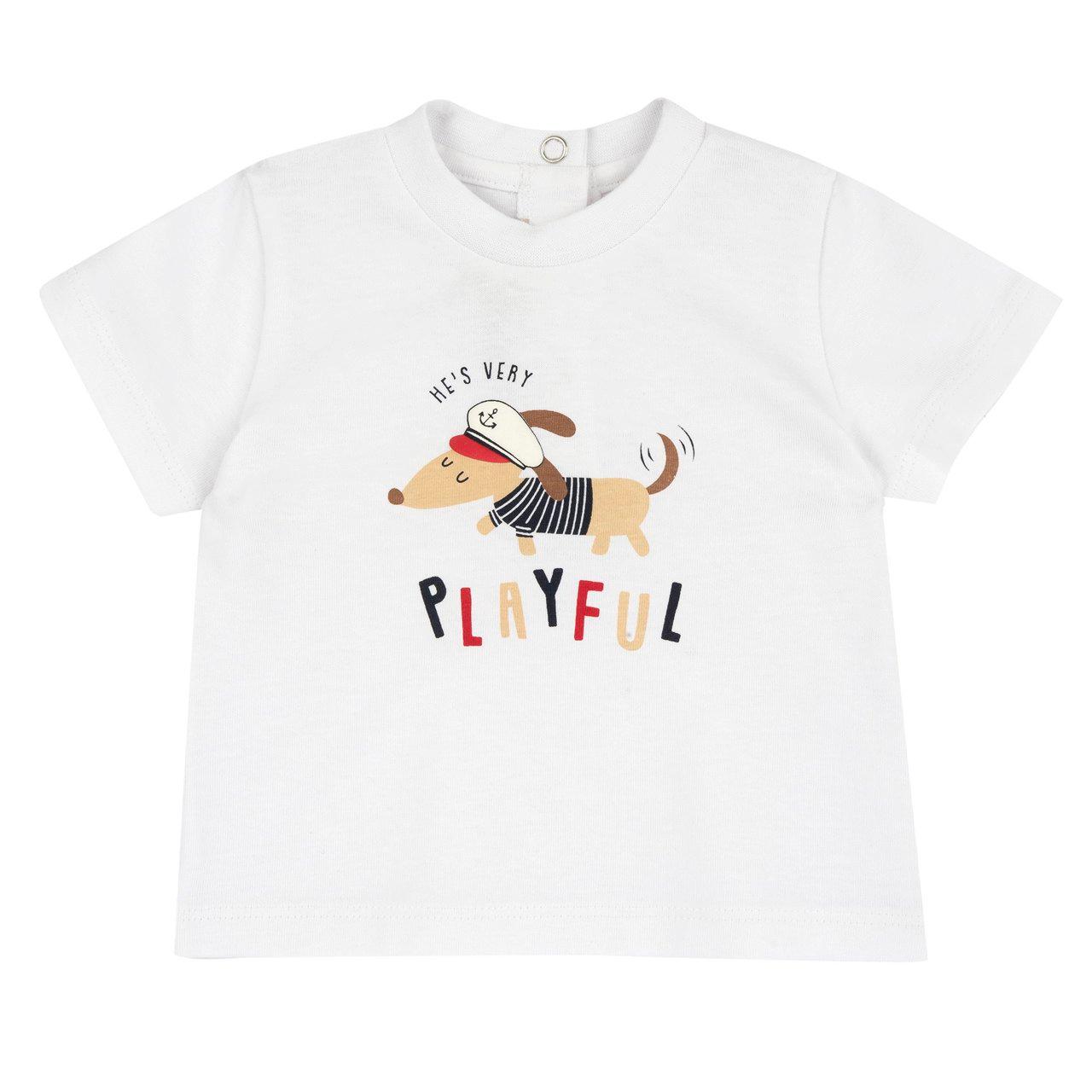 Maglietta a manica corta bianca in cotone sostenibile Chicco per bambino con stampa di cagnolino, certificata Oeko-Tex. | Chicco