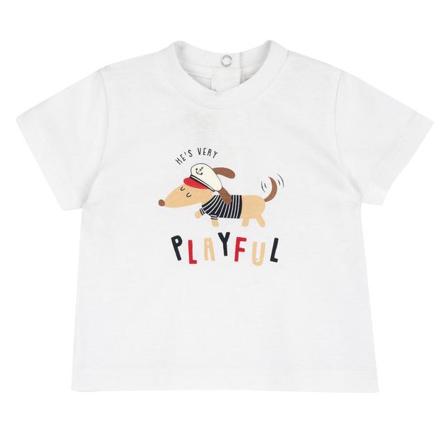 Maglietta a manica corta bianca in cotone sostenibile Chicco per bambino con stampa di cagnolino, certificata Oeko-Tex. | Chicco