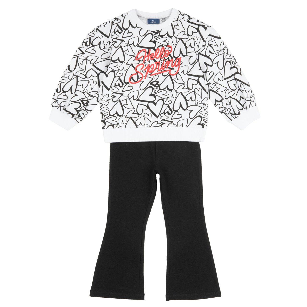 Completo felpa girocollo bianca con pantaloni svasati per bambina, in cotone elasticizzato sostenibile Chicco, con stampe grafiche ad alta definizione. | Chicco
