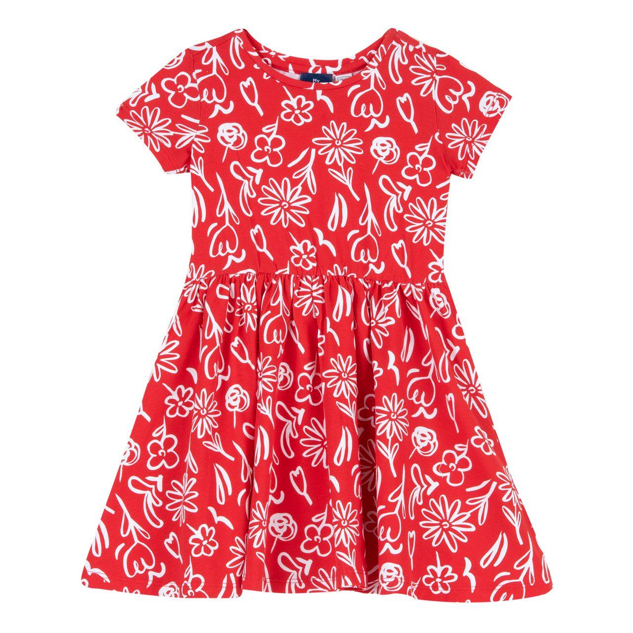 Vestito rosso a manica corta in jersey elasticizzato per bambina, fantasia floreale monocolore, girocollo e gonna arricciata, brand Chicco. | Chicco