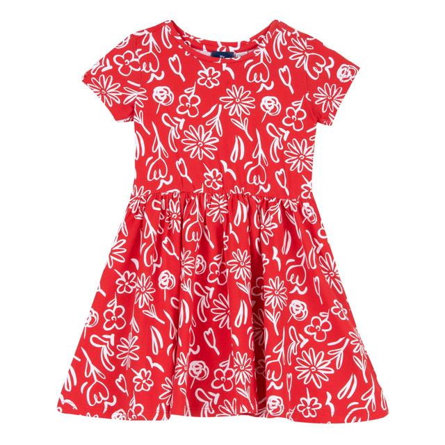 Vestito rosso a manica corta in jersey elasticizzato per bambina, fantasia floreale monocolore, girocollo e gonna arricciata, brand Chicco. | Chicco