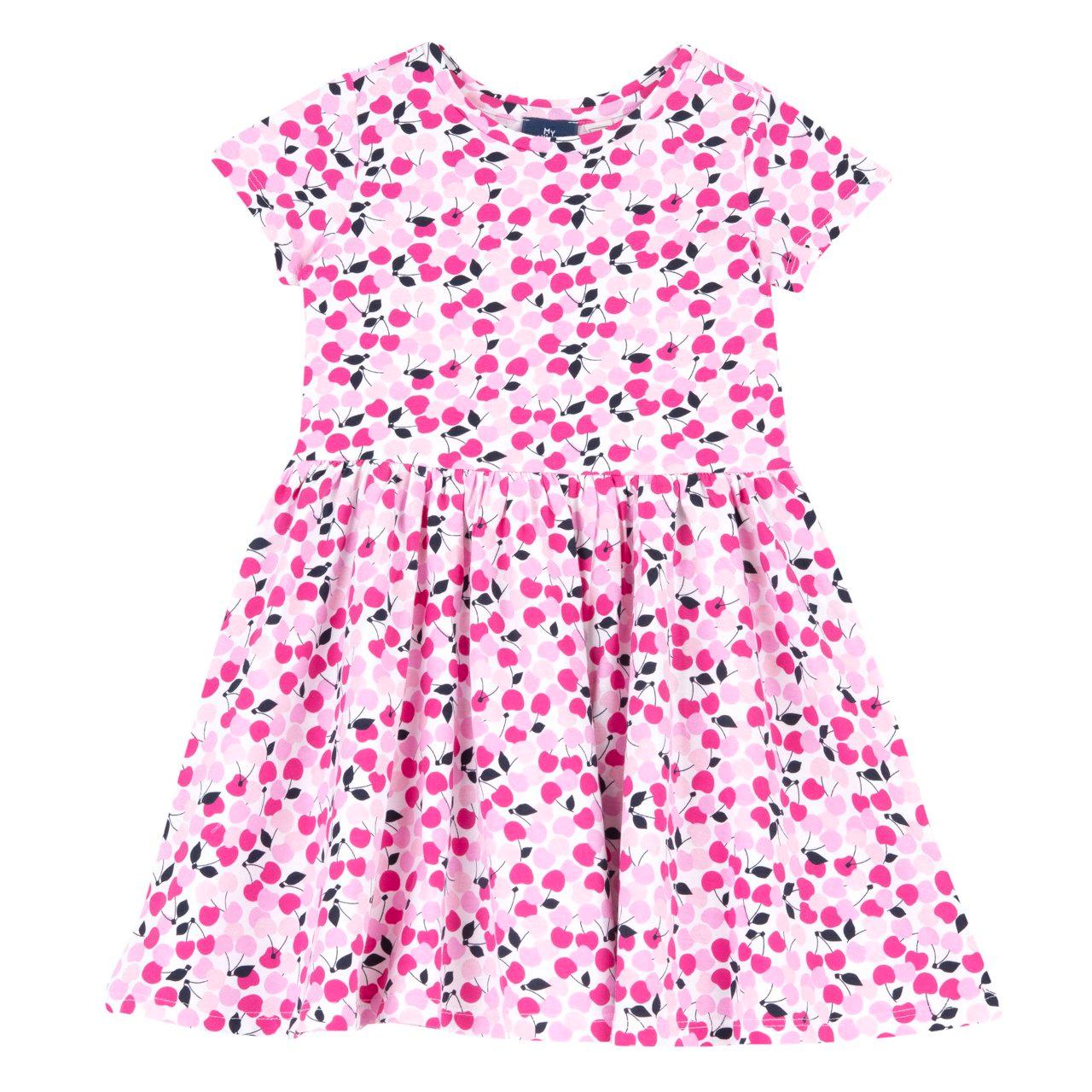 Vestito manica corta in jersey elasticizzato rosa con fantasia di ciliegie per bambina, girocollo e gonna arricciata, in cotone sostenibile Oeko-Tex. | Chicco