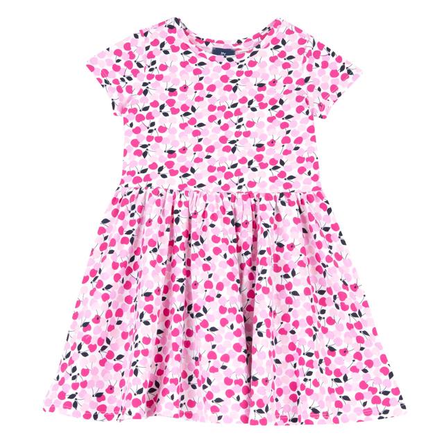 Vestito manica corta in jersey elasticizzato rosa con fantasia di ciliegie per bambina, girocollo e gonna arricciata, in cotone sostenibile Oeko-Tex. | Chicco
