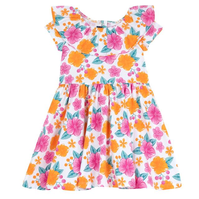 Vestito a manica corta in jersey elasticizzato per bambina con fantasia floreale su sfondo bianco, collo con rouches e apertura posteriore con bottoni automatici. | Chicco
