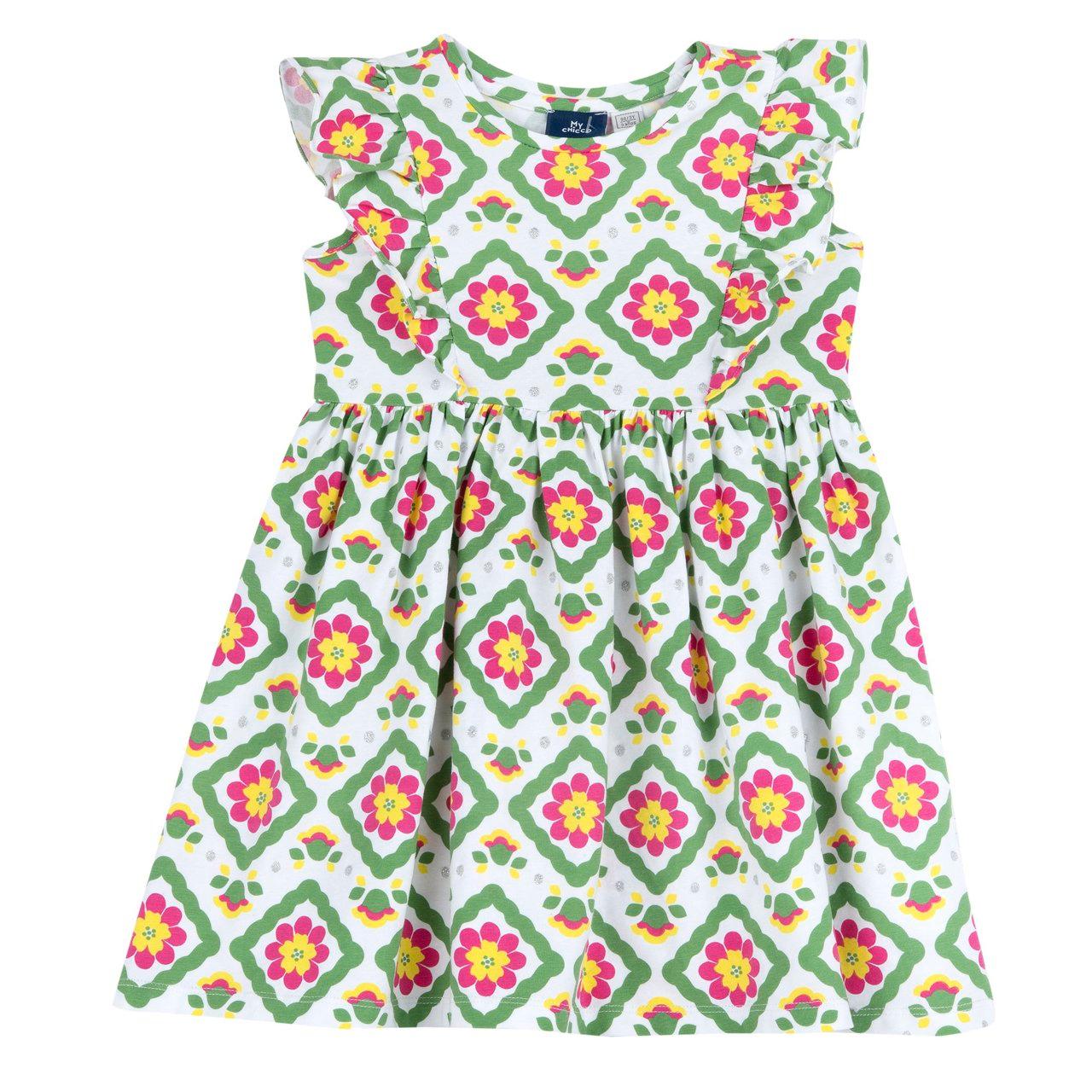Vestito a manica corta in jersey elasticizzato per bambina con fantasia geometrica su sfondo bianco, girocollo e gonna arricciata. | Chicco