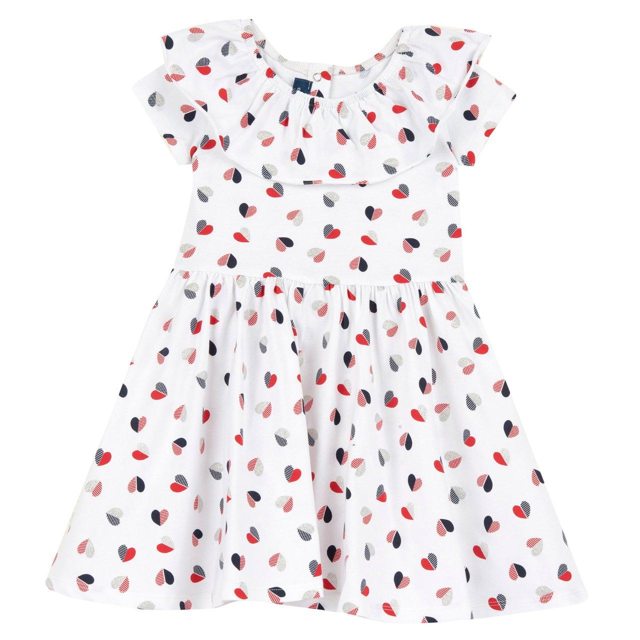 Vestito bianco a manica corta per bambina con fantasia cuoricini, collo rouches e bottoni automatici posteriori, in jersey elasticizzato di cotone sostenibile. | Chicco