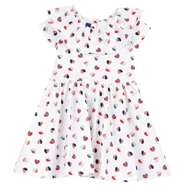 Vestito bianco a manica corta per bambina con fantasia cuoricini, collo rouches e bottoni automatici posteriori, in jersey elasticizzato di cotone sostenibile. | Chicco