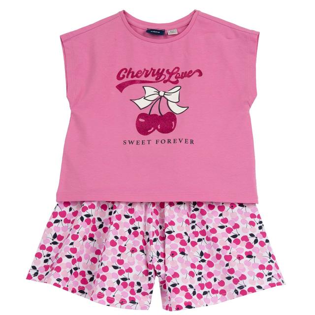 Completo Chicco per bambina con maglietta rosa glitterata e pantaloni corti con stampa di ciliegie, in jersey elasticizzato di cotone sostenibile. | Chicco