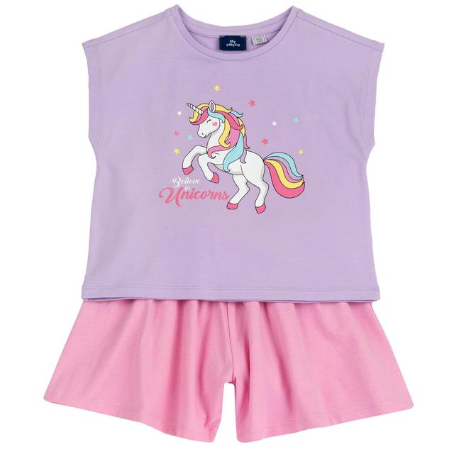 Completo estivo in jersey elasticizzato viola per bambina Chicco, con maglietta unicorno glitterato e pantaloni corti vita elasticizzata, in cotone sostenibile Oeko-Tex. | Chicco