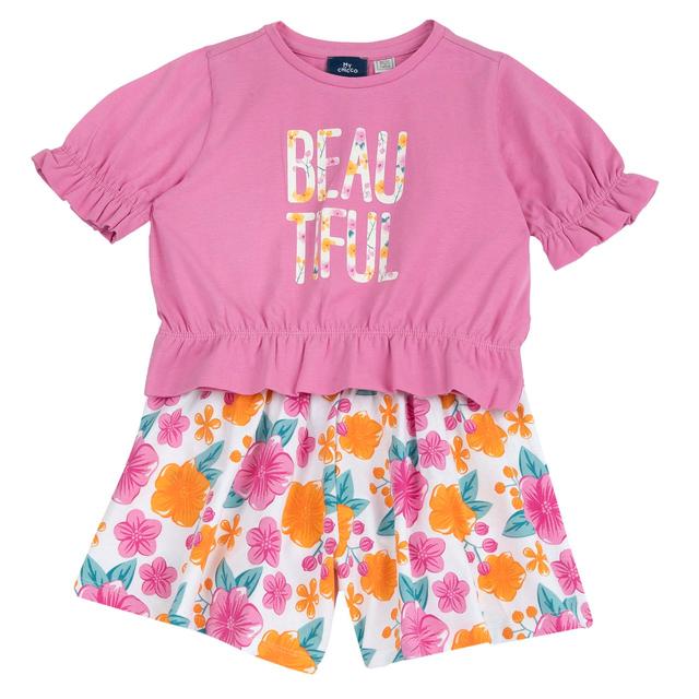 Completo maglietta e pantaloni corti rosa in jersey elasticizzato per bambina, con stampa floreale e dettagli arricciati, in cotone sostenibile Chicco. | Chicco