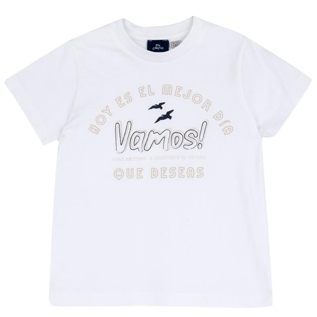 Maglietta a manica corta bianca in jersey di cotone sostenibile per bambino Chicco con stampa in spagnolo, certificata Oeko-Tex. | Chicco