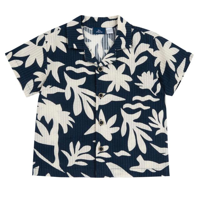 Camicia a manica corta per bambino Chicco in popeline di cotone sostenibile con vivace stampa floreale blu e bottoni bicolore. | Chicco