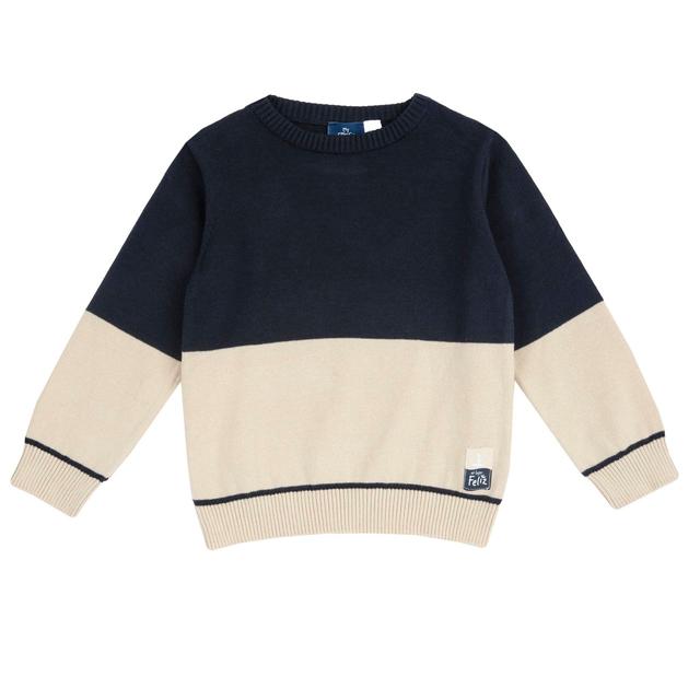 Maglione girocollo blu in 100% cotone per bambino Chicco con lavorazione jacquard effetto color block e bottoni sulla spalla. | Chicco