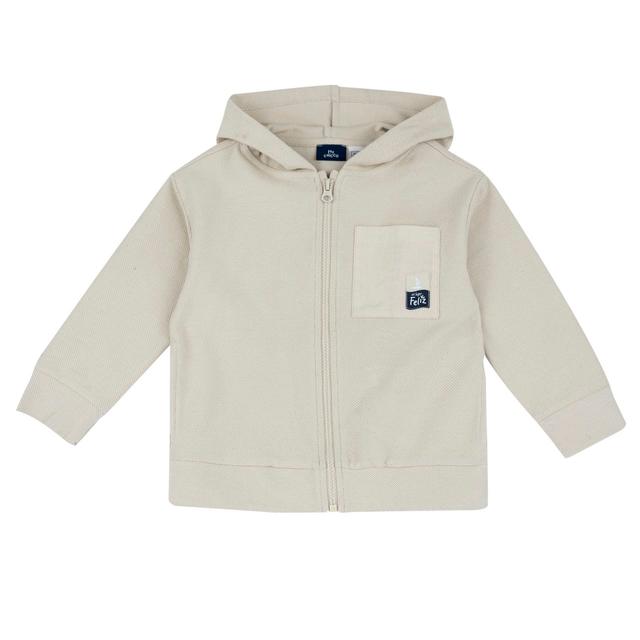 Cardigan bianco con cappuccio in interlock di cotone sostenibile per bambino, fantasia diagonale e tasca con etichetta decorativa. | Chicco