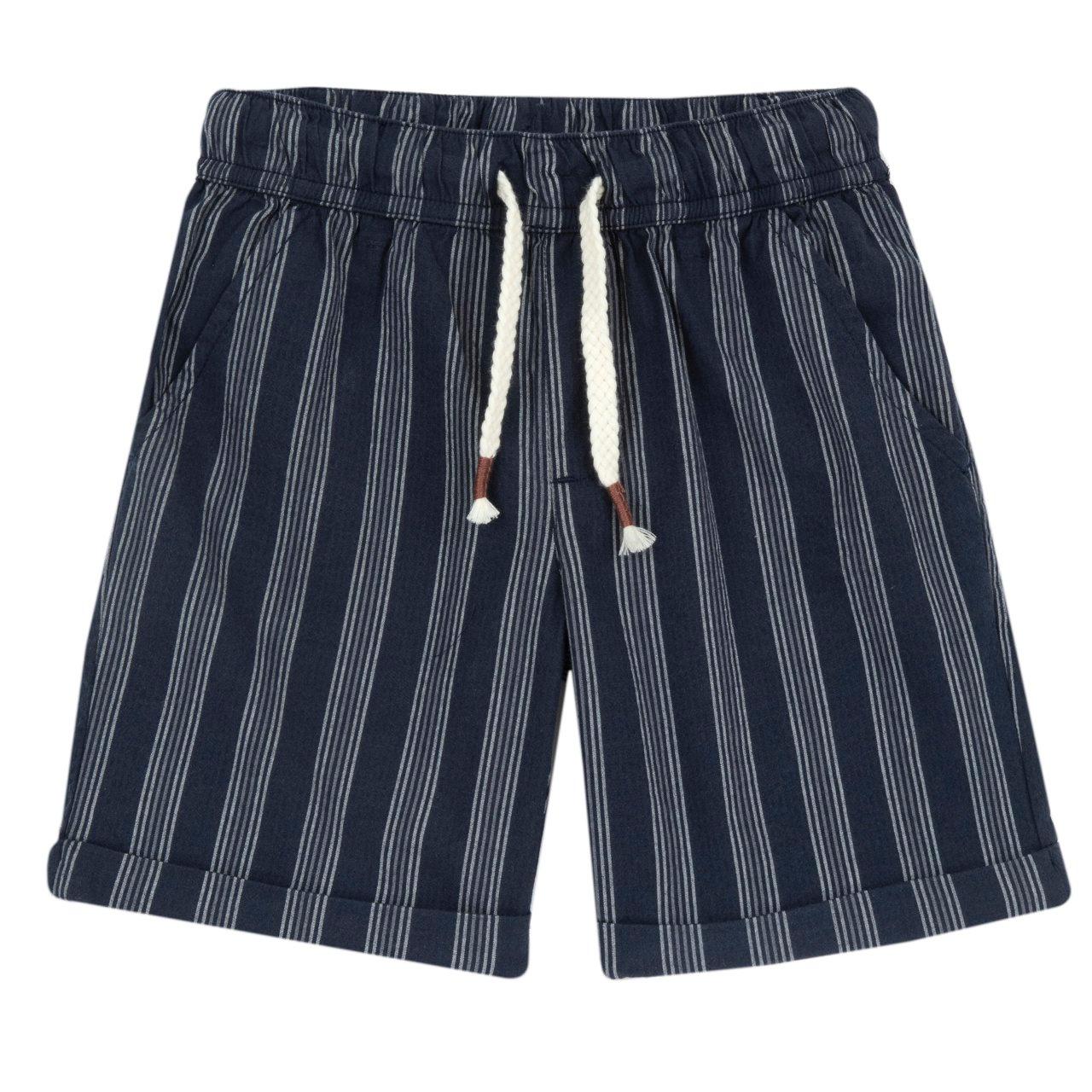 Pantaloni corti rigati blu per bambino Chicco in popeline di cotone sostenibile, con vita elasticizzata e tasche. | Chicco