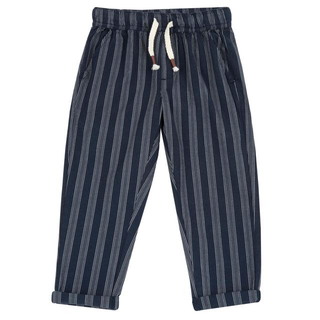Pantaloni lunghi rigati blu in popeline di cotone sostenibile per bambino Chicco, con vita elasticizzata e cordino regolabile, vestibilità baggy fit. | Chicco
