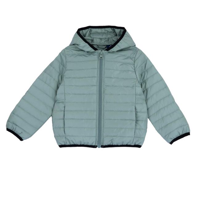 Giubbino imbottito Chicco verde con cappuccio per bambino, realizzato in tessuto tecnico trapuntato riciclato, con bordi elasticizzati a contrasto e tasche frontali. | Chicco